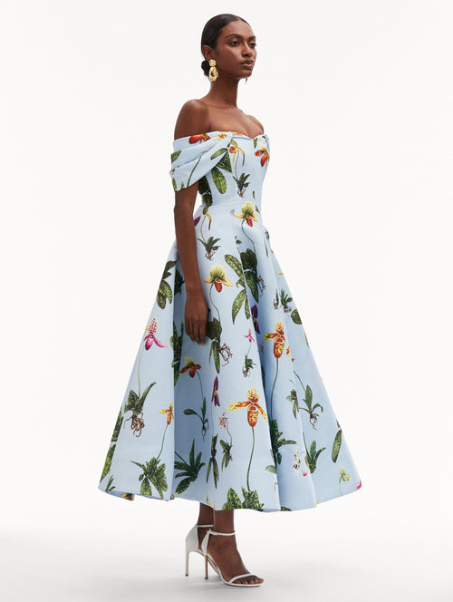 Orchid Off Shoulder Faille Gown Side View