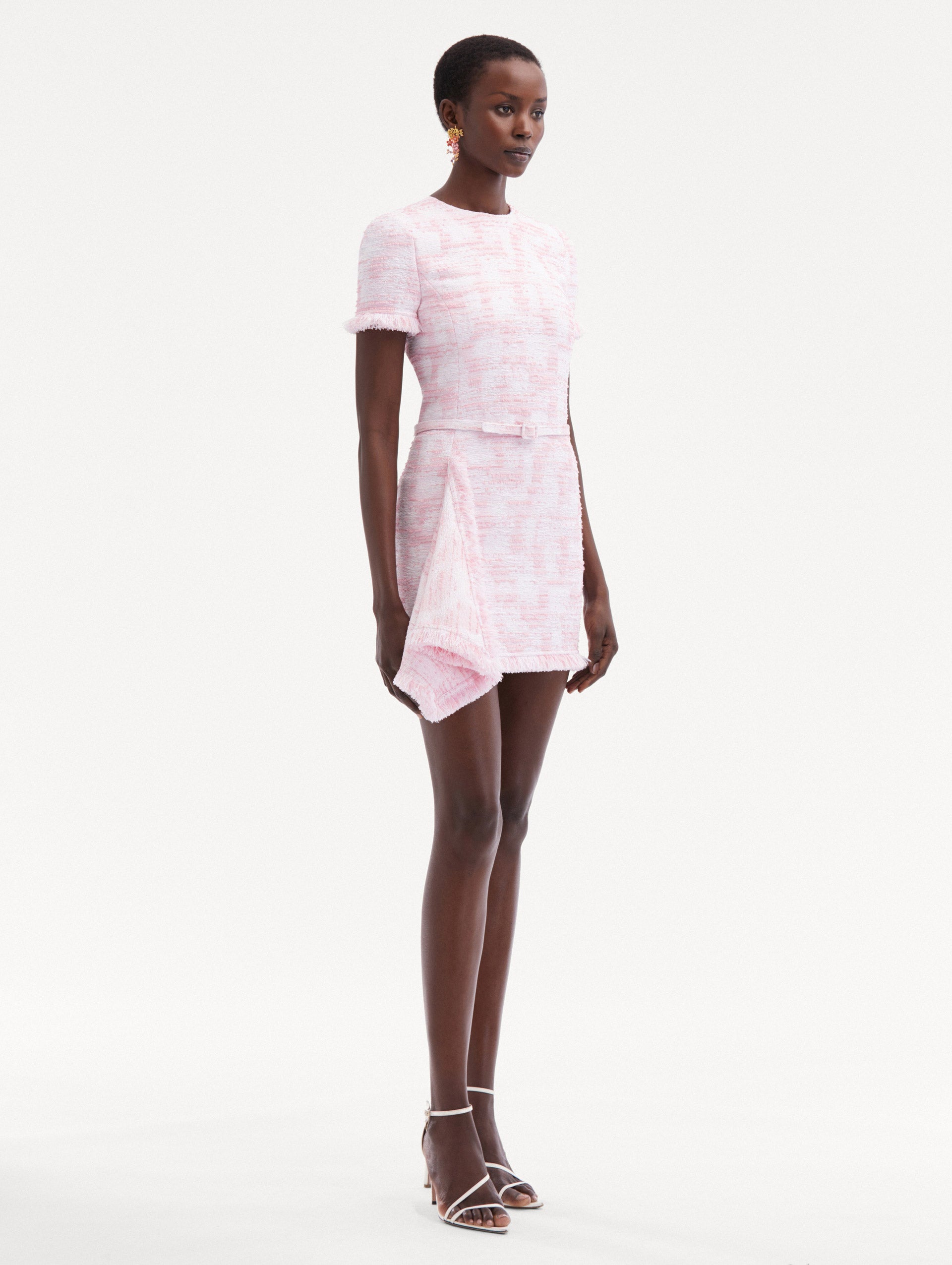 Oscar de La Renta Textured Tweed Drape Dress White Pink