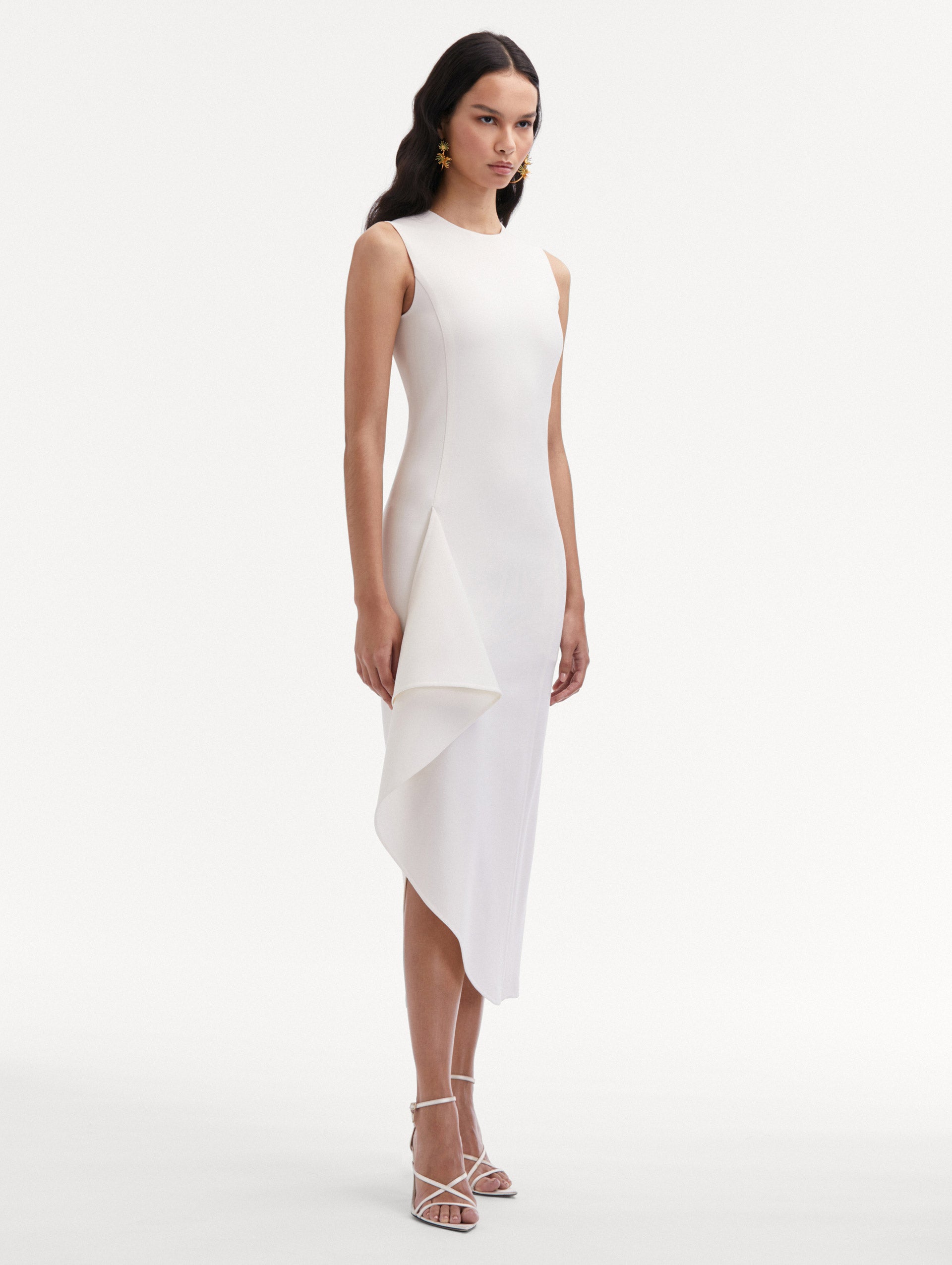 White Draped Asymmetrical Sleeveless Wool Dress Side View