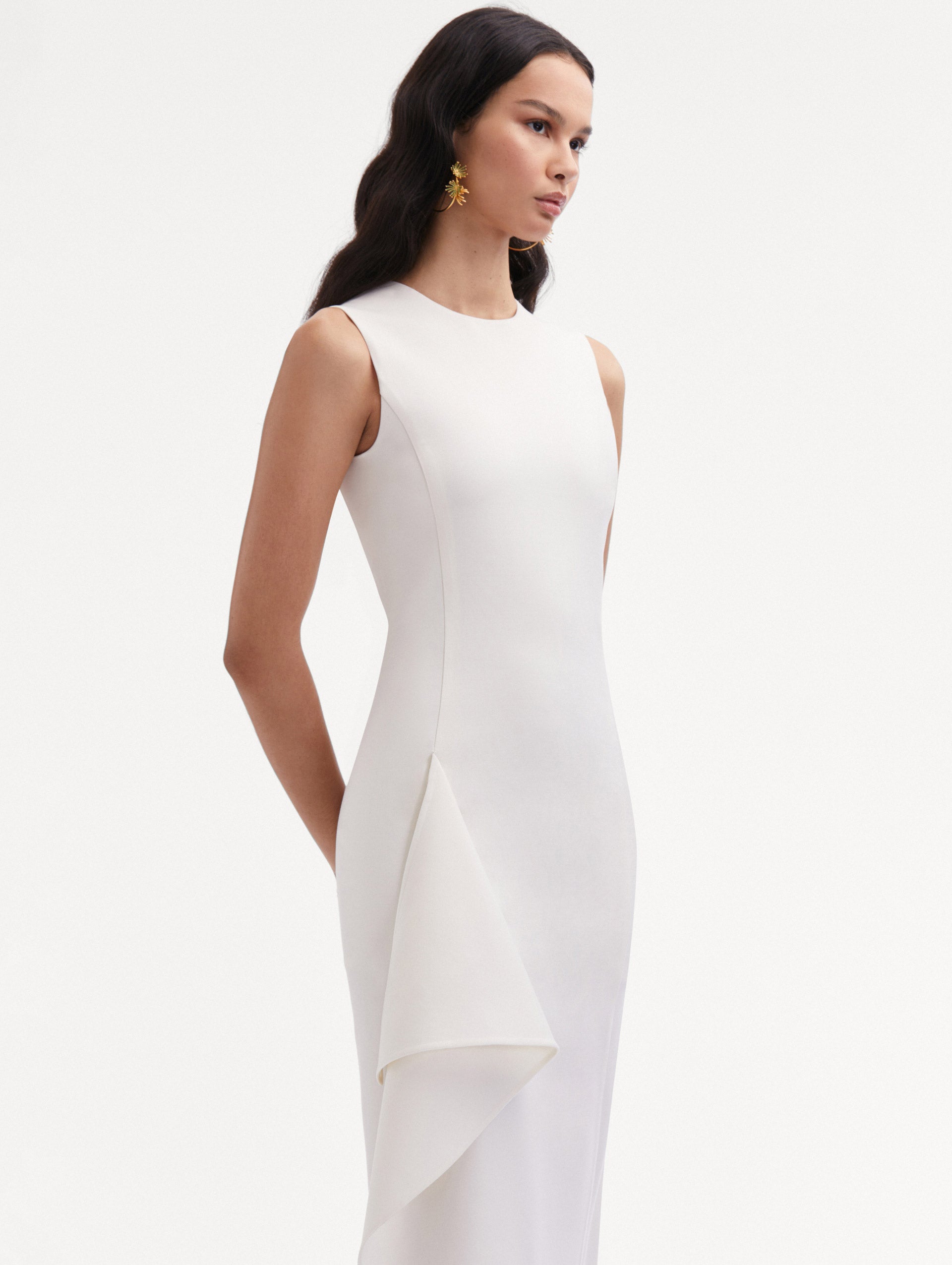 White Draped Asymmetrical Sleeveless Wool Dress Zoom View