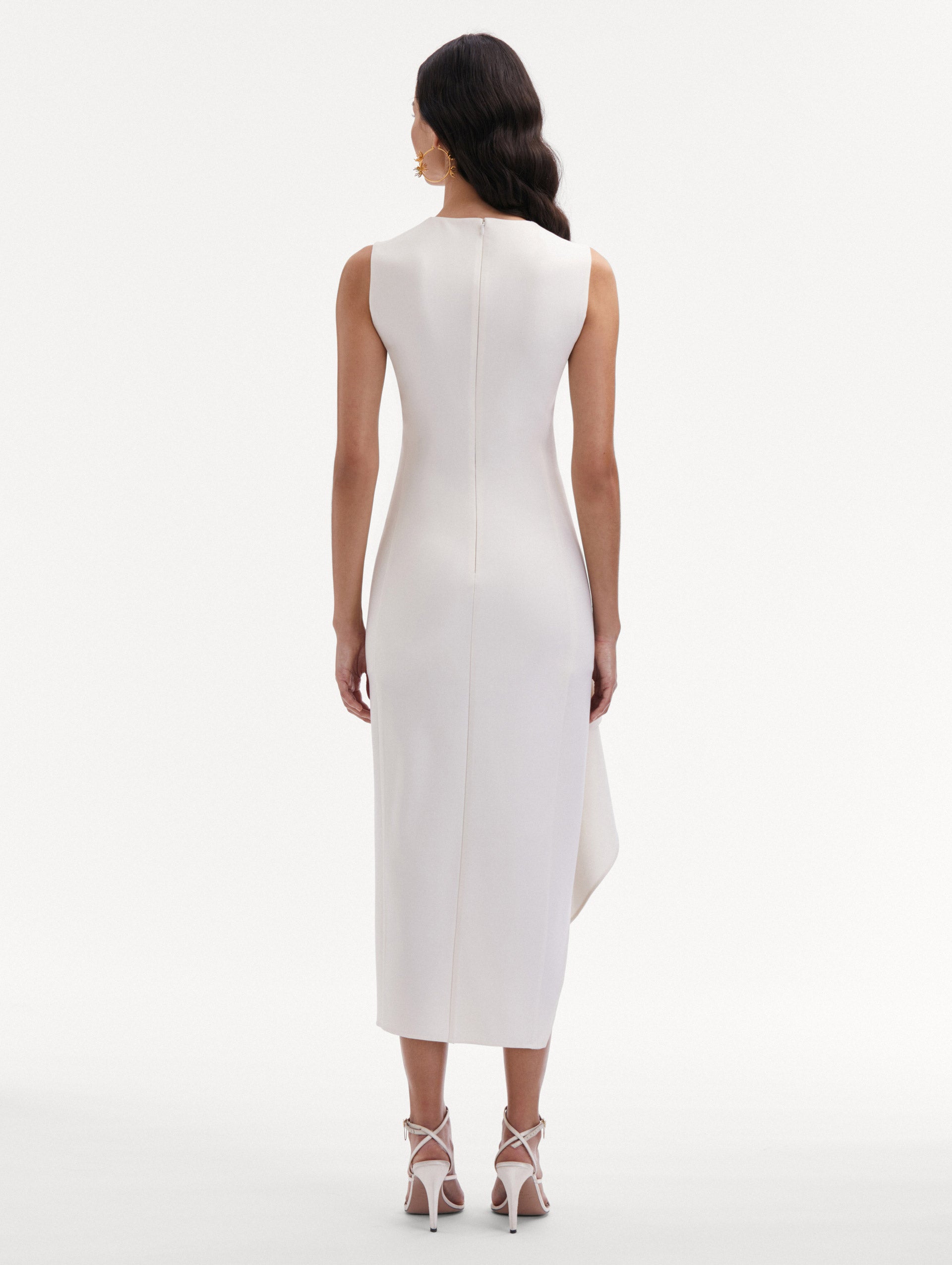 White Draped Asymmetrical Wool Dress Back View