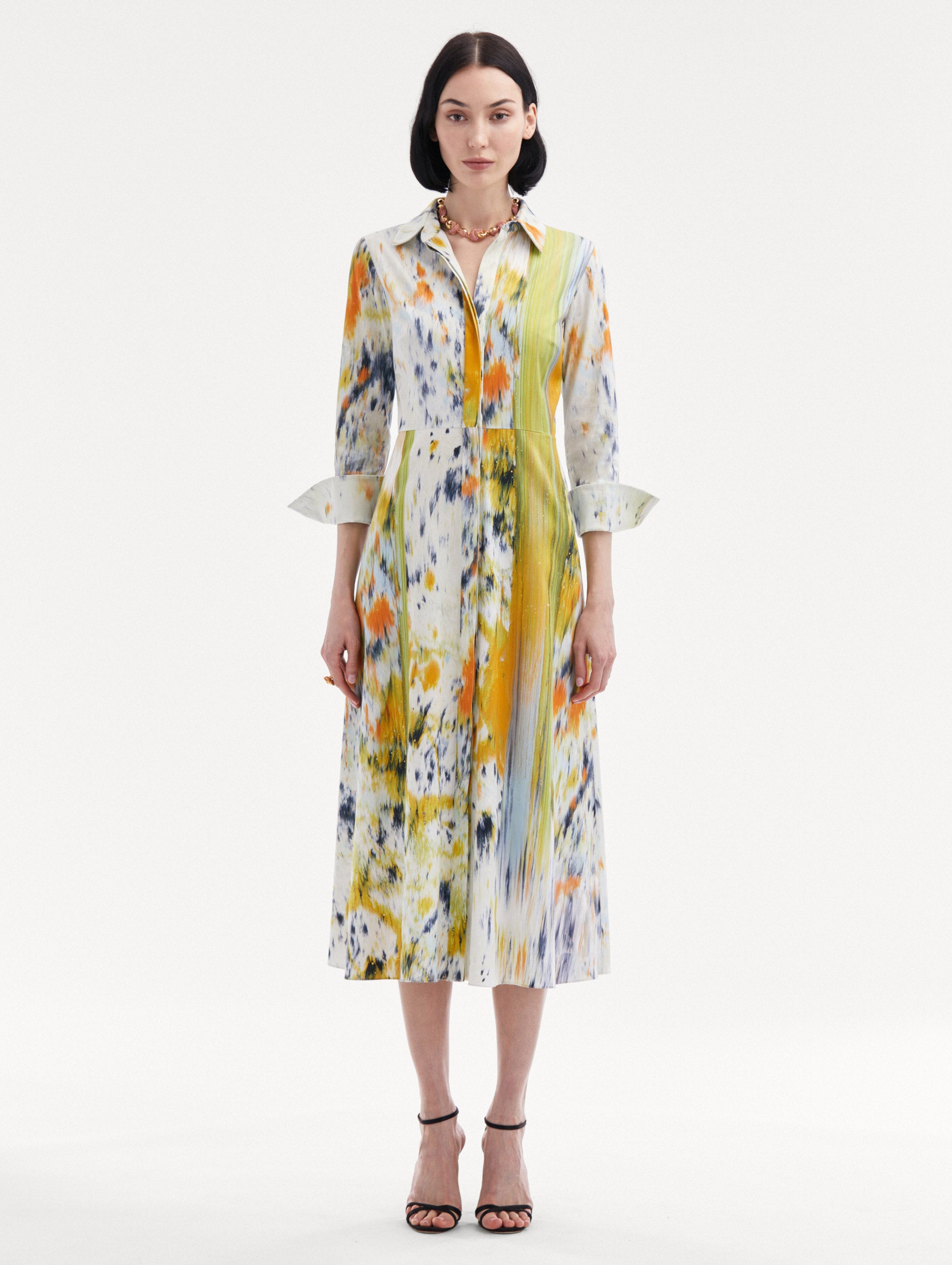 3/4 Sleeve Abstract Brushstroke Dress Front View