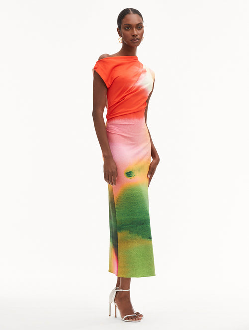 Abstract Watercolor Jersey Off-The-Shoulder Maxi Dress Side View