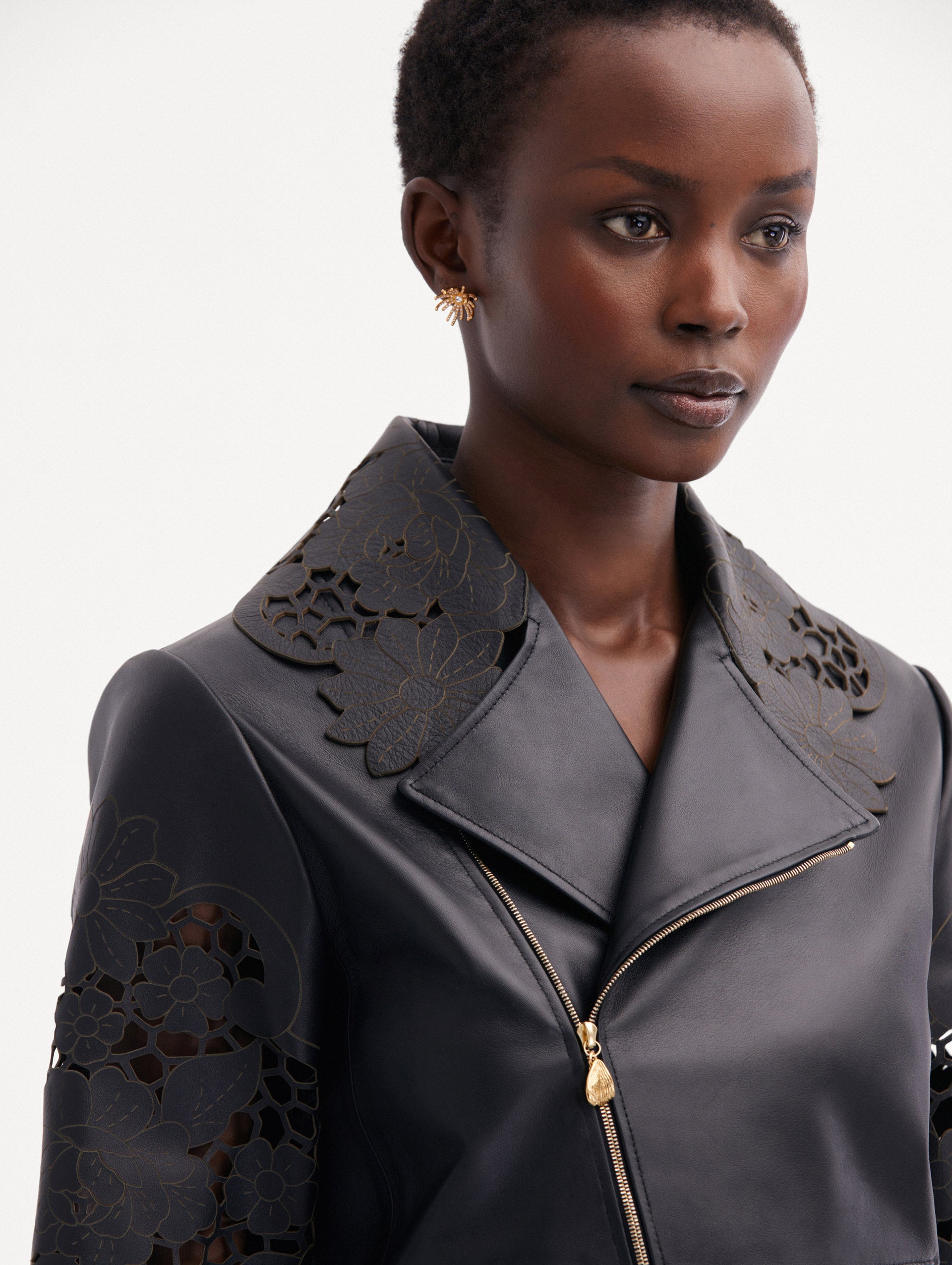 Laser Cut Floral Leather Jacket Zoom View