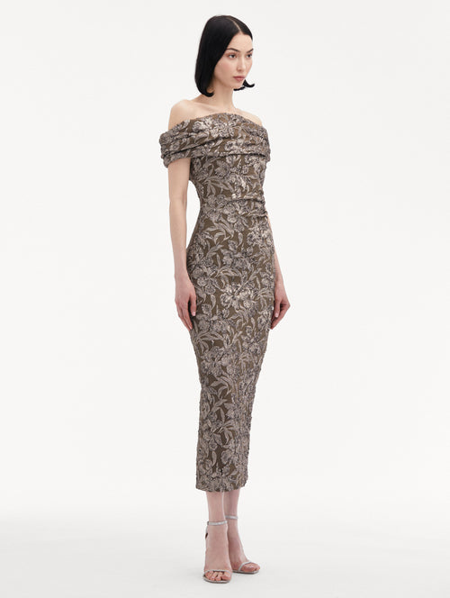 Metallic Orchid Jacquard Cocktail Dress Side View