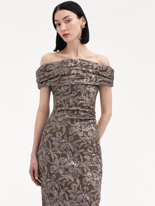 Metallic Orchid Jacquard Cocktail Dress Zoom View