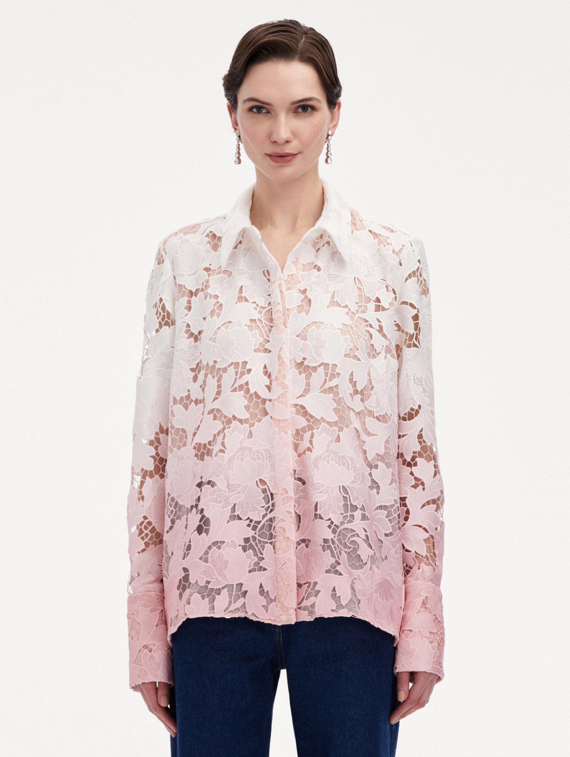 Ombre Peony Guipure Blouse Front View