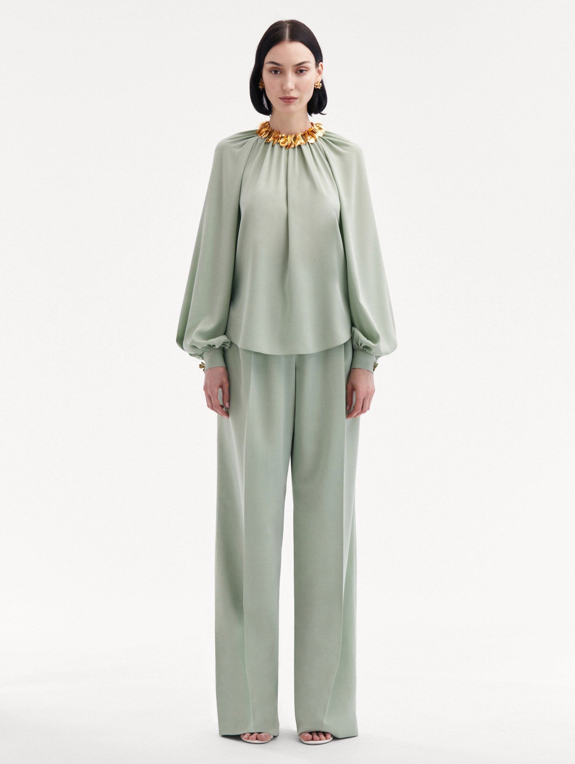 Mint Long Sleeve Georgette Blouse Paired with Matching Pants Front View