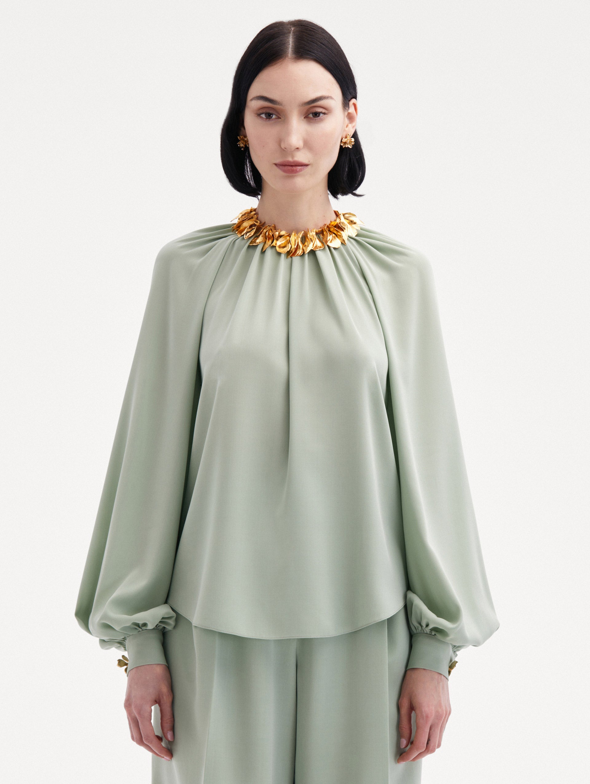 Mint Long Sleeve Georgette Blouse Paired with Gold necklace Front View