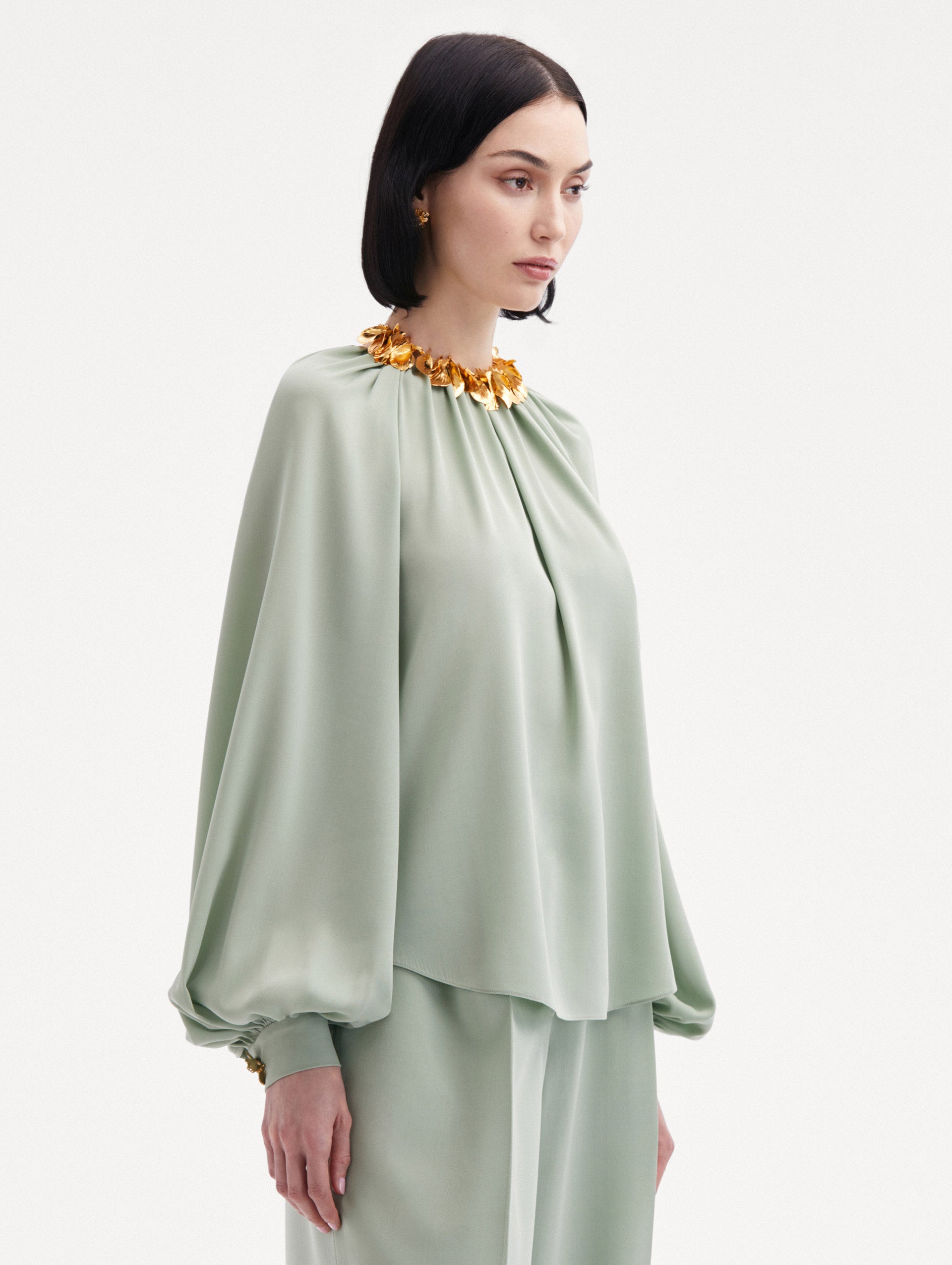 Mint Long Sleeve Georgette Blouse Paired with Gold necklace Side View