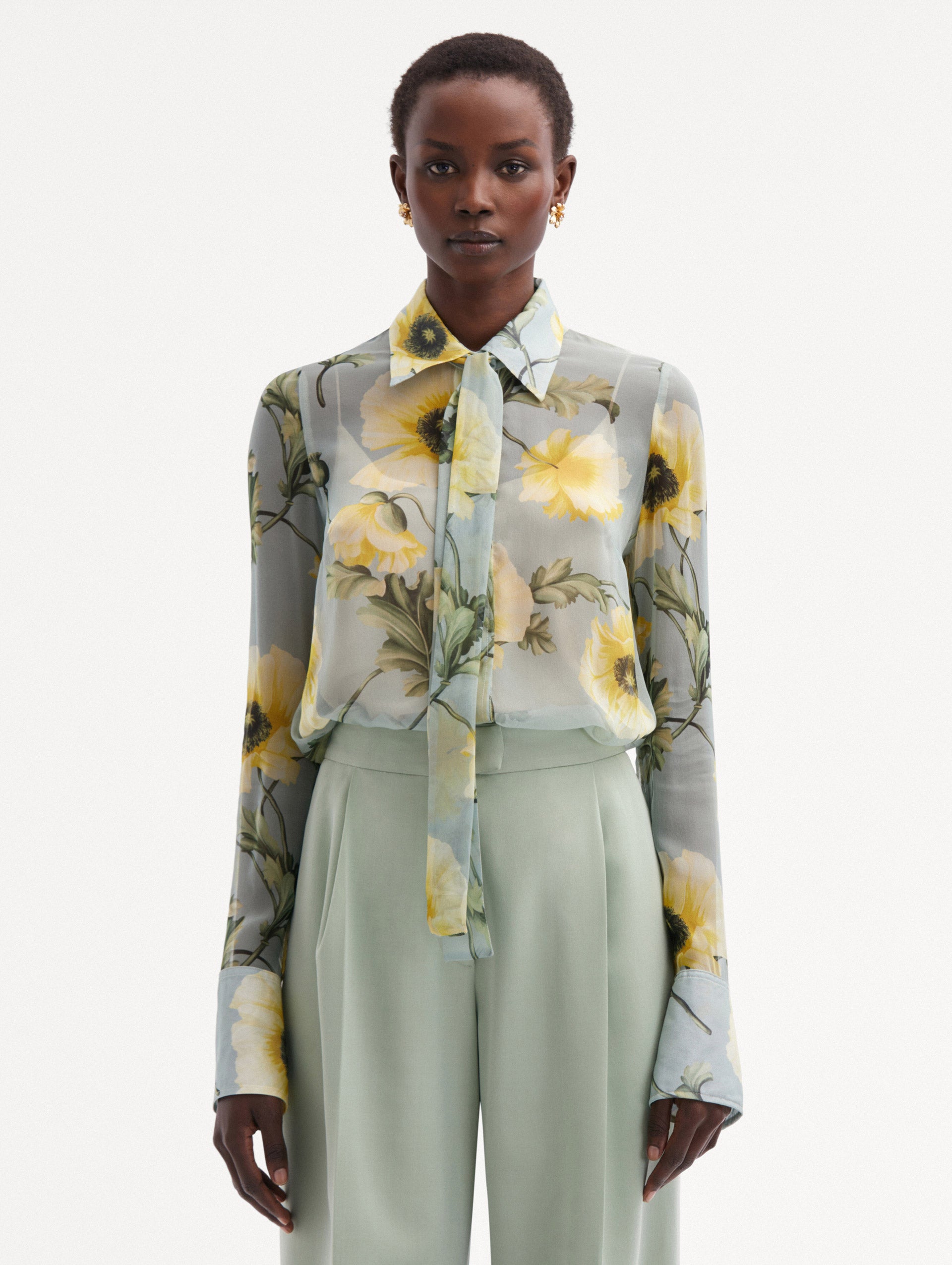 Oscar de la Renta Poppy Tie Neck Silk Chiffon Blouse