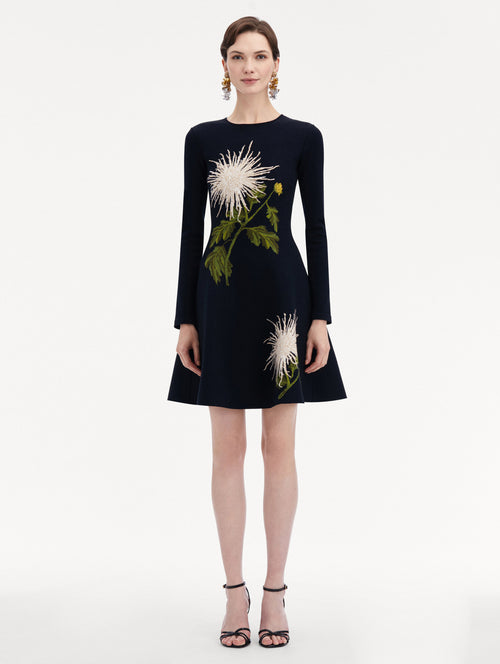 Chrysanthemum Jacquard Long Sleeve Dress Front View