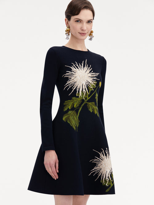 Chrysanthemum Jacquard Long Sleeve Dress Zoom View