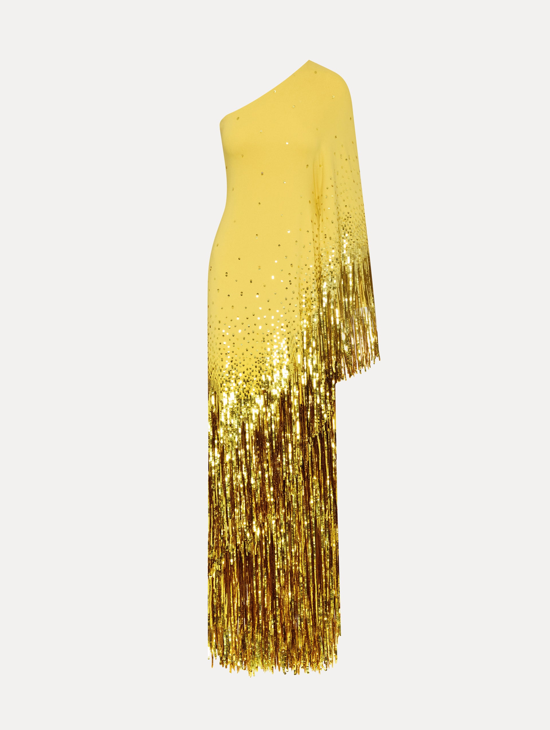 One Shoulder Sequin Fringe Caftan Front View