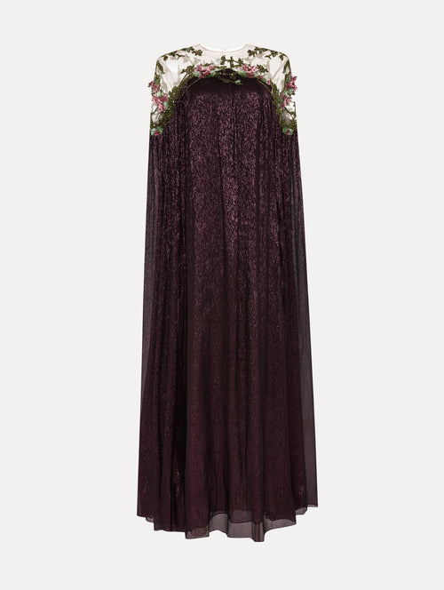 Art Nouveau Floral Details in Illusion-Neck Dark Purple Caftan Front View