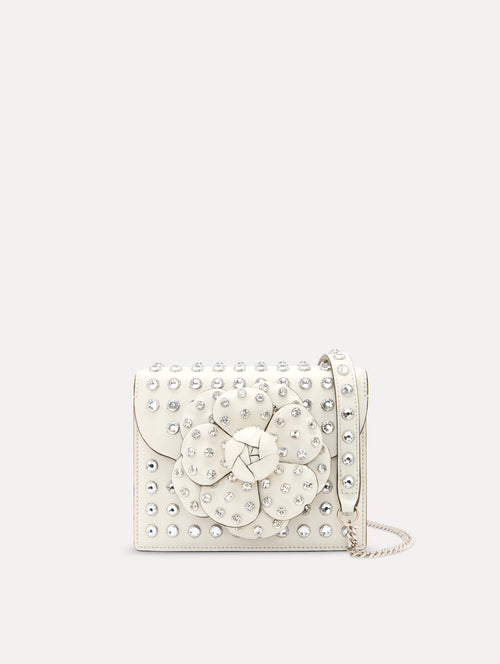 Crystal Stud Mini TRO Bag in White with Floral Applique at the Clasp and Silver Shoulder Strap Front View