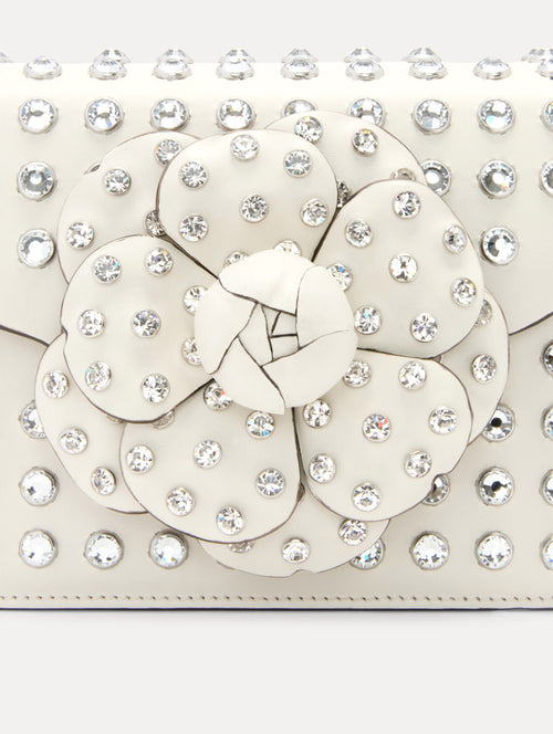 Crystal Stud White Mini TRO Bag with Floral Applique at the Clasp Zoom View