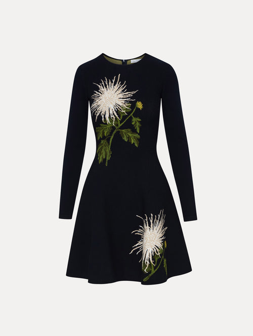 Chrysanthemum Jacquard Long Sleeve Dress Front View