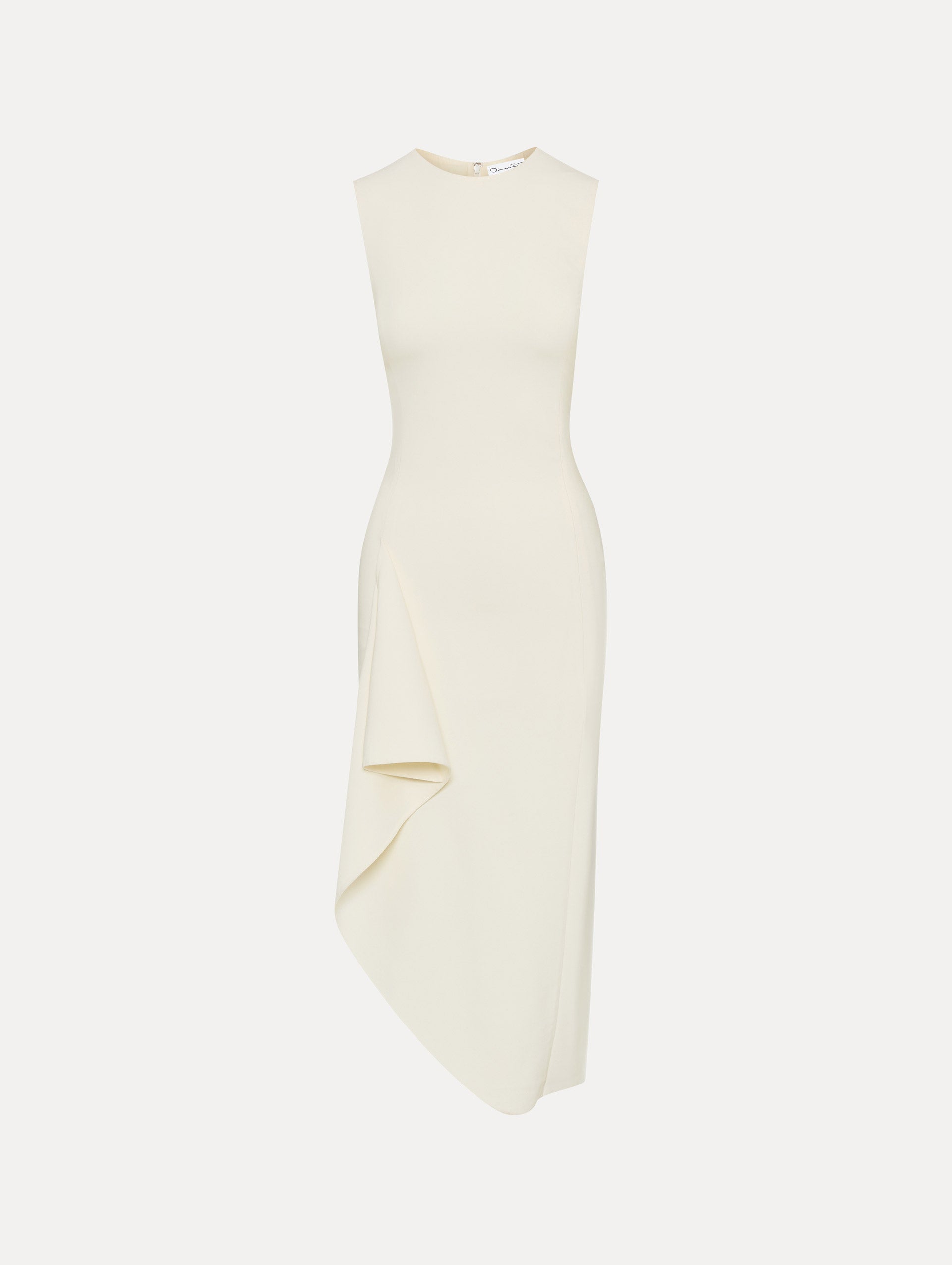 White Draped Asymmetrical Wool Sleeveless Dress Front View