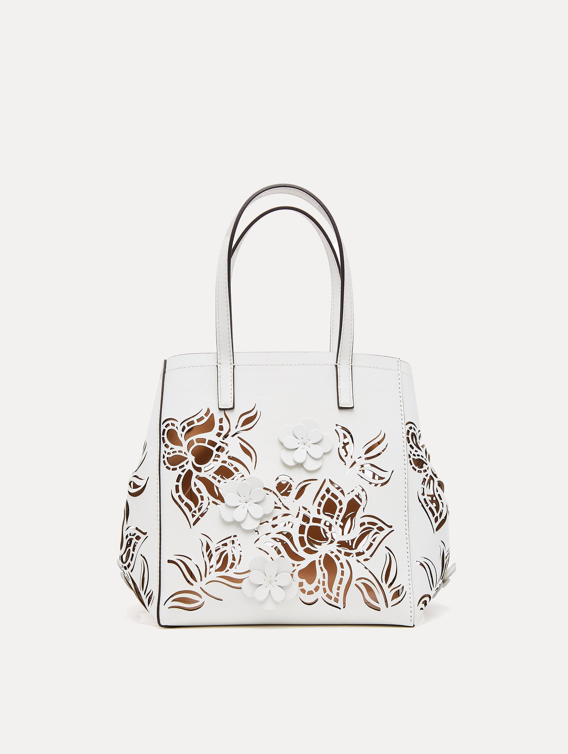 White Leather Small Laser Cut Floral Square Tote Front View