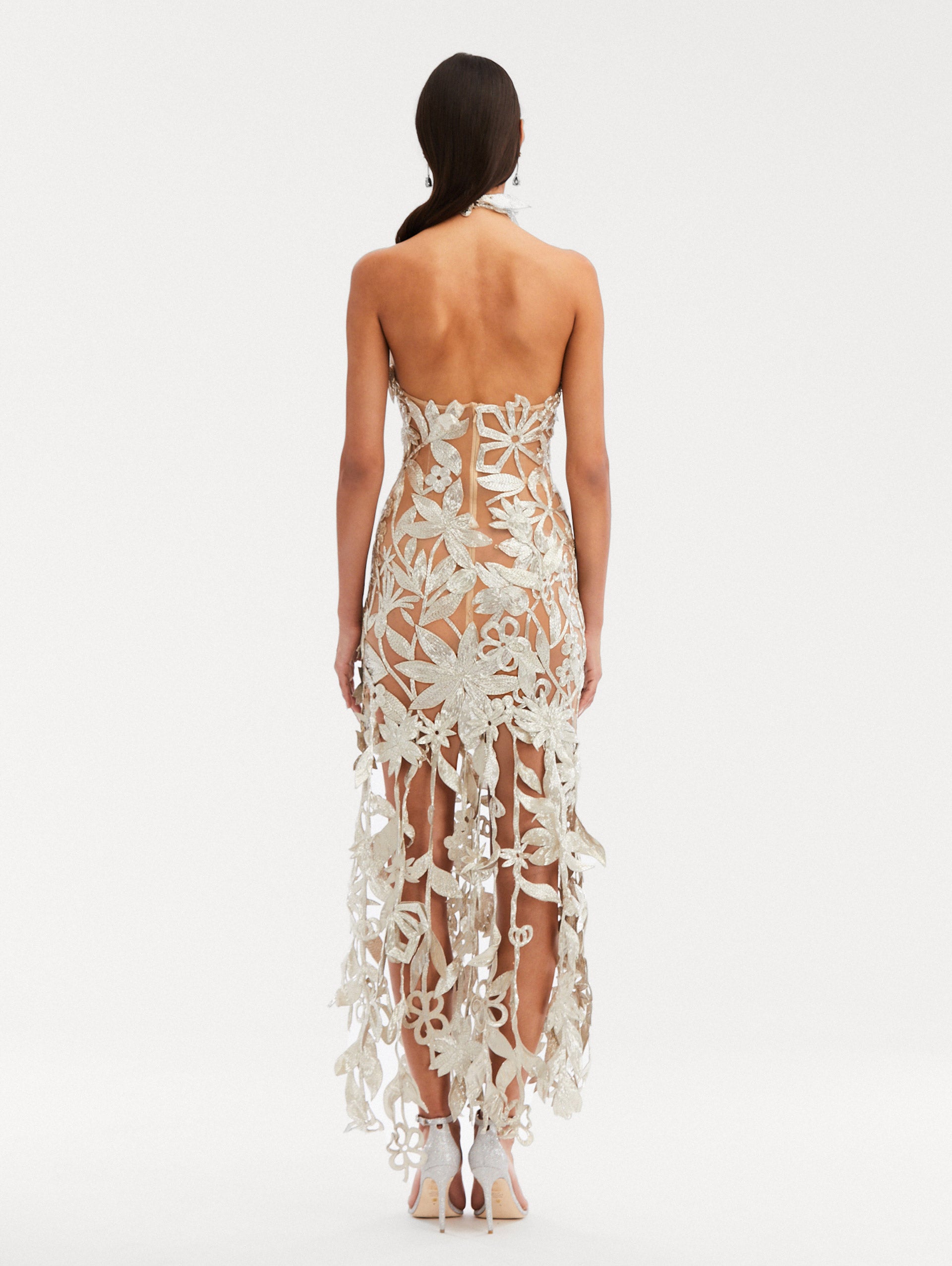 Papercut Flower Bugle Bead Gown Back View