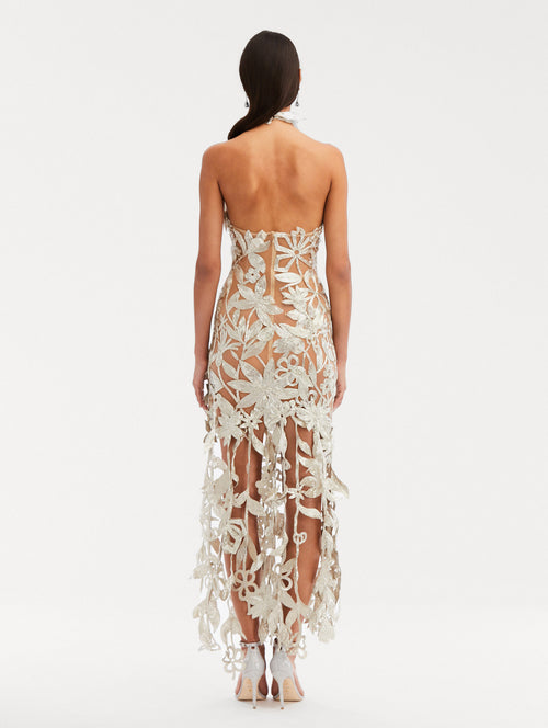 Papercut Flower Bugle Bead Gown Back View