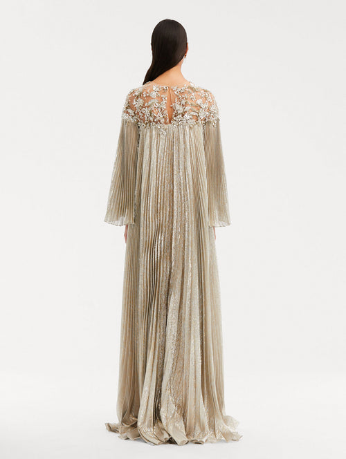 Pleated Lamé Mousseline Illusion Neck Caftan Back View