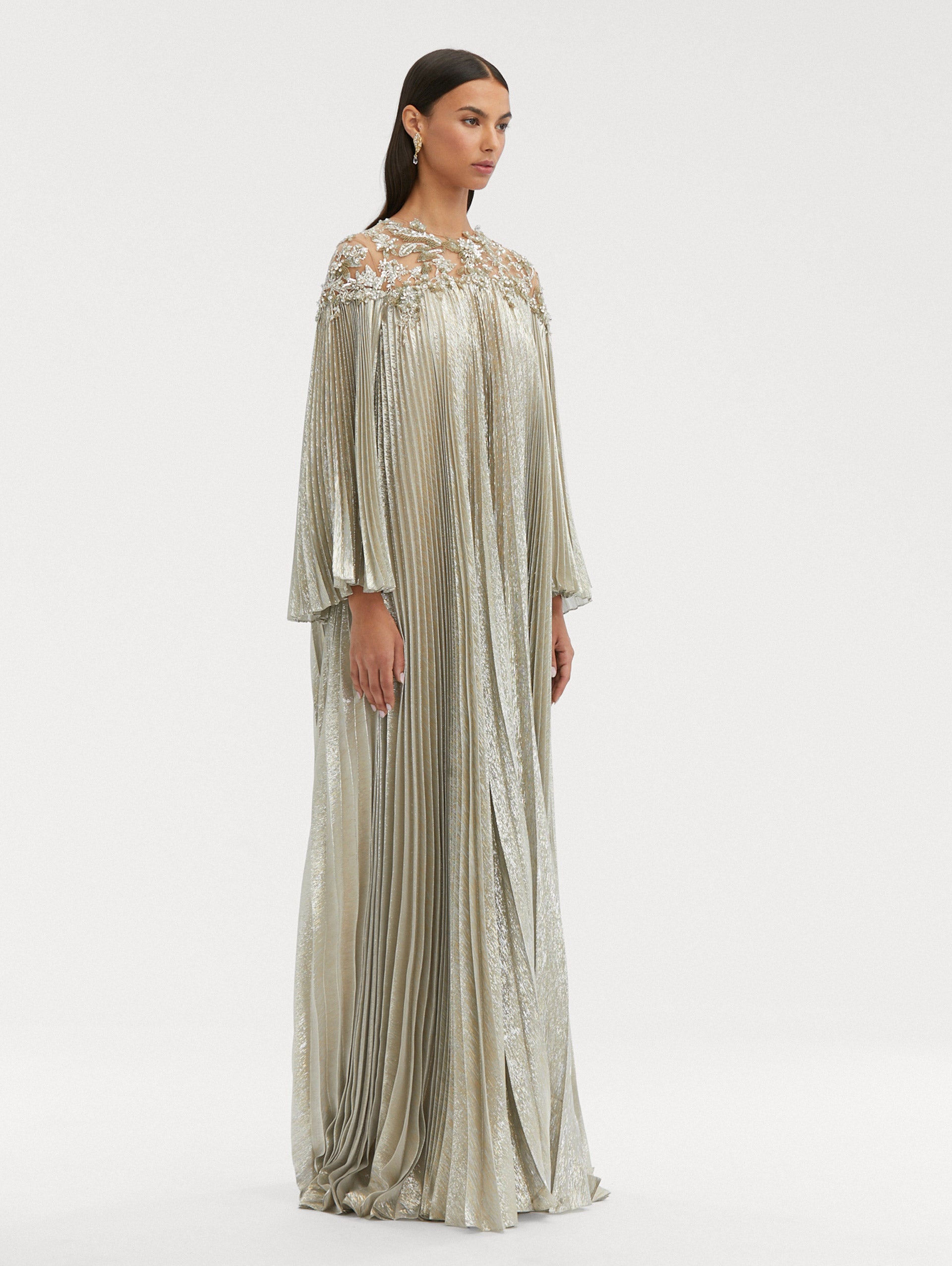 Pleated Lamé Mousseline Illusion Neck Caftan Side View