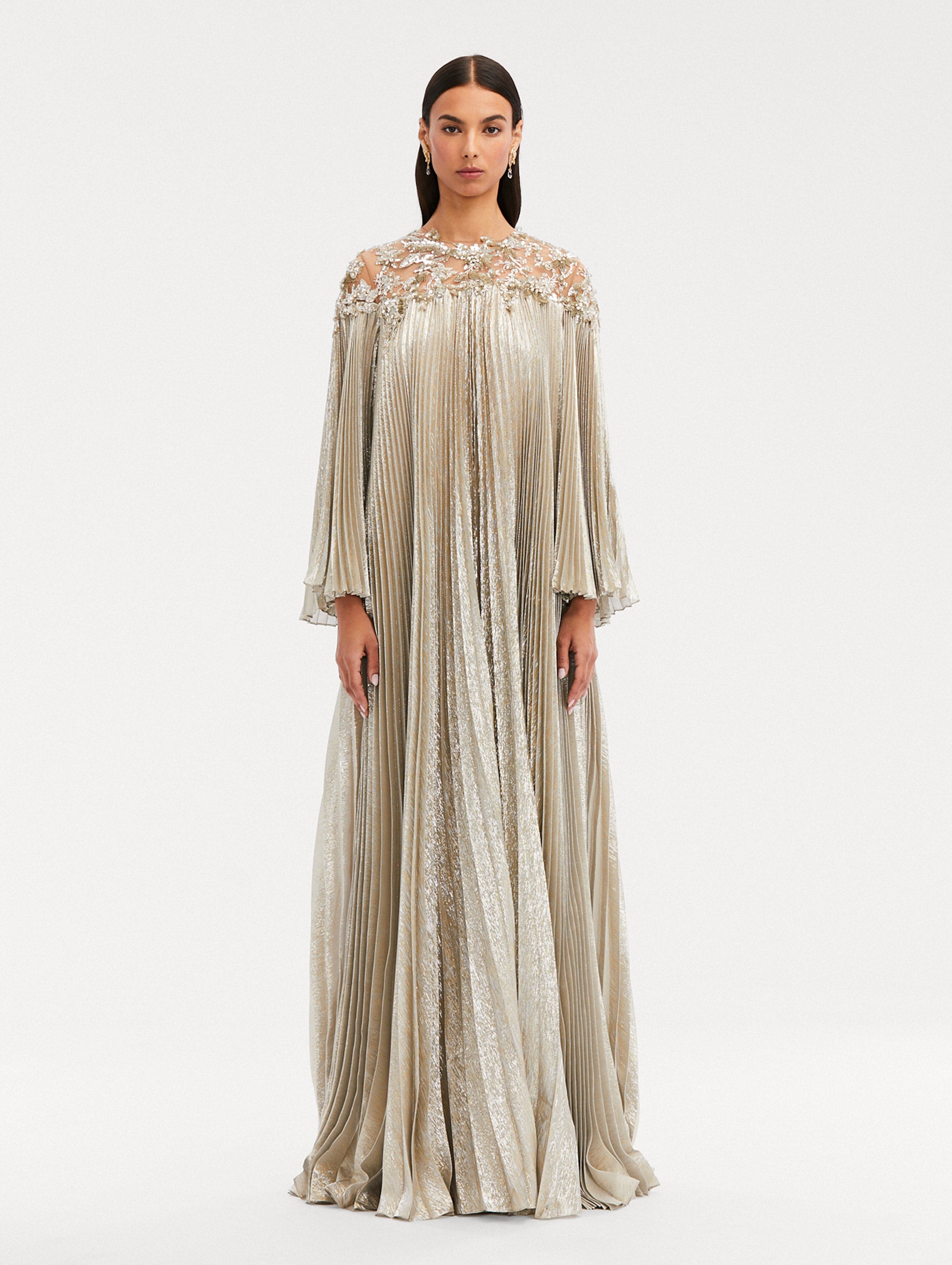 Pleated Lamé Mousseline Illusion Neck Caftan Front View