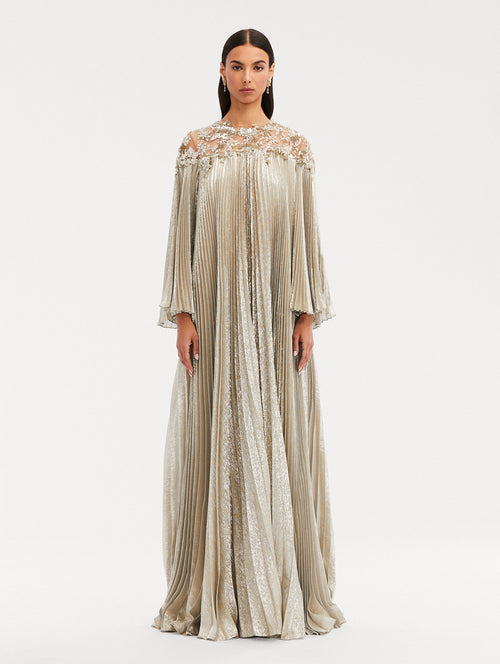 Pleated Lamé Mousseline Illusion Neck Caftan Front View