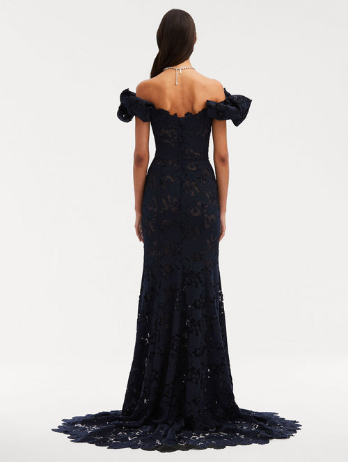 Mixed Botanical Guipure Lace Gown Back View