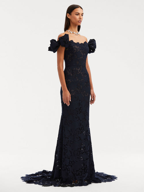 Mixed Botanical Guipure Lace Gown Side View