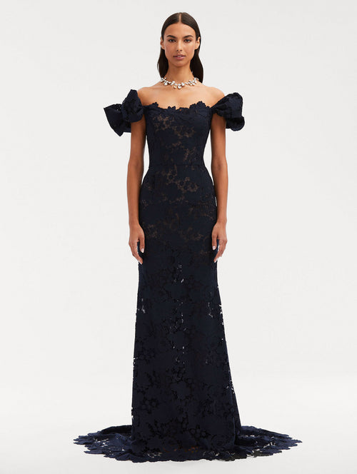 Mixed Botanical Guipure Lace Gown Front View