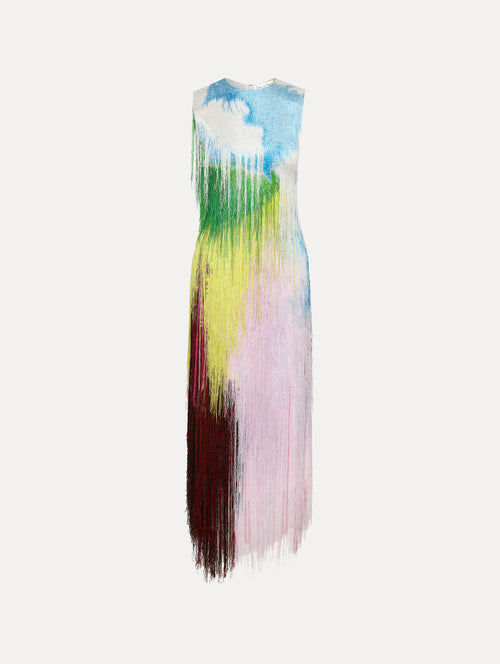 Abstract Watercolor Fringe Cocktail Sleeveless Maxi Dress Front View