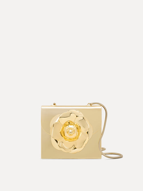 3D Printed Nano TRO Bag with mirror-like finish in Gold with three-dimensional Flower at the Clasp Front View