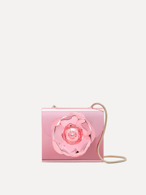 3D Printed Nano TRO Bag with mirror-like finish in Pink with three-dimensional Flower at the Clasp Front View