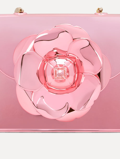 3D Printed Nano TRO Bag with mirror-like finish in Pink with three-dimensional Flower at the Clasp. Zoom View