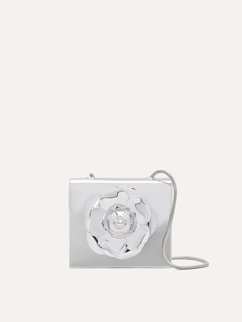 3D Printed Nano TRO Bag with mirror-like finish in Silver with three-dimensional Flower at the Clasp Front View