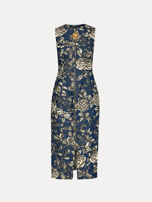 Rose Printed Denim Dress Front View