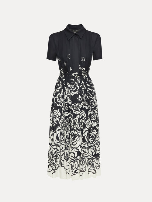 Navy Short Sleeve Midi Dress with Collar and Abstract Degradé White Roses Front View