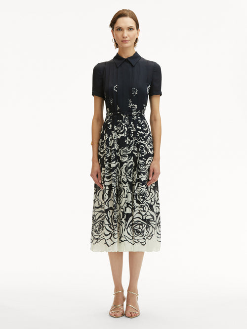 Navy Short Sleeve Midi Dress with Collar and Abstract Degradé White Roses Front View