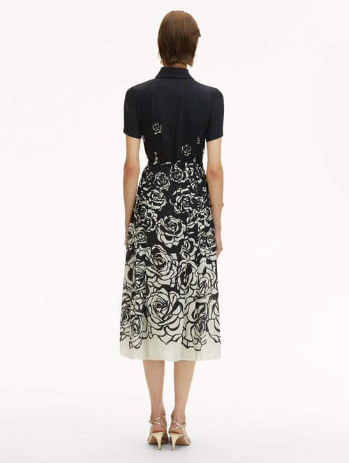 Navy Short Sleeve Midi Dress with Collar and Abstract Degradé White Roses Back View