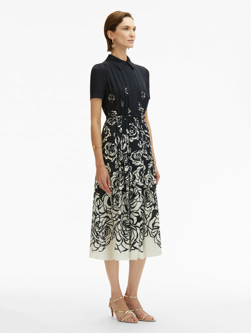 Navy Short Sleeve Midi Dress with Collar and Abstract Degradé White Roses Side View