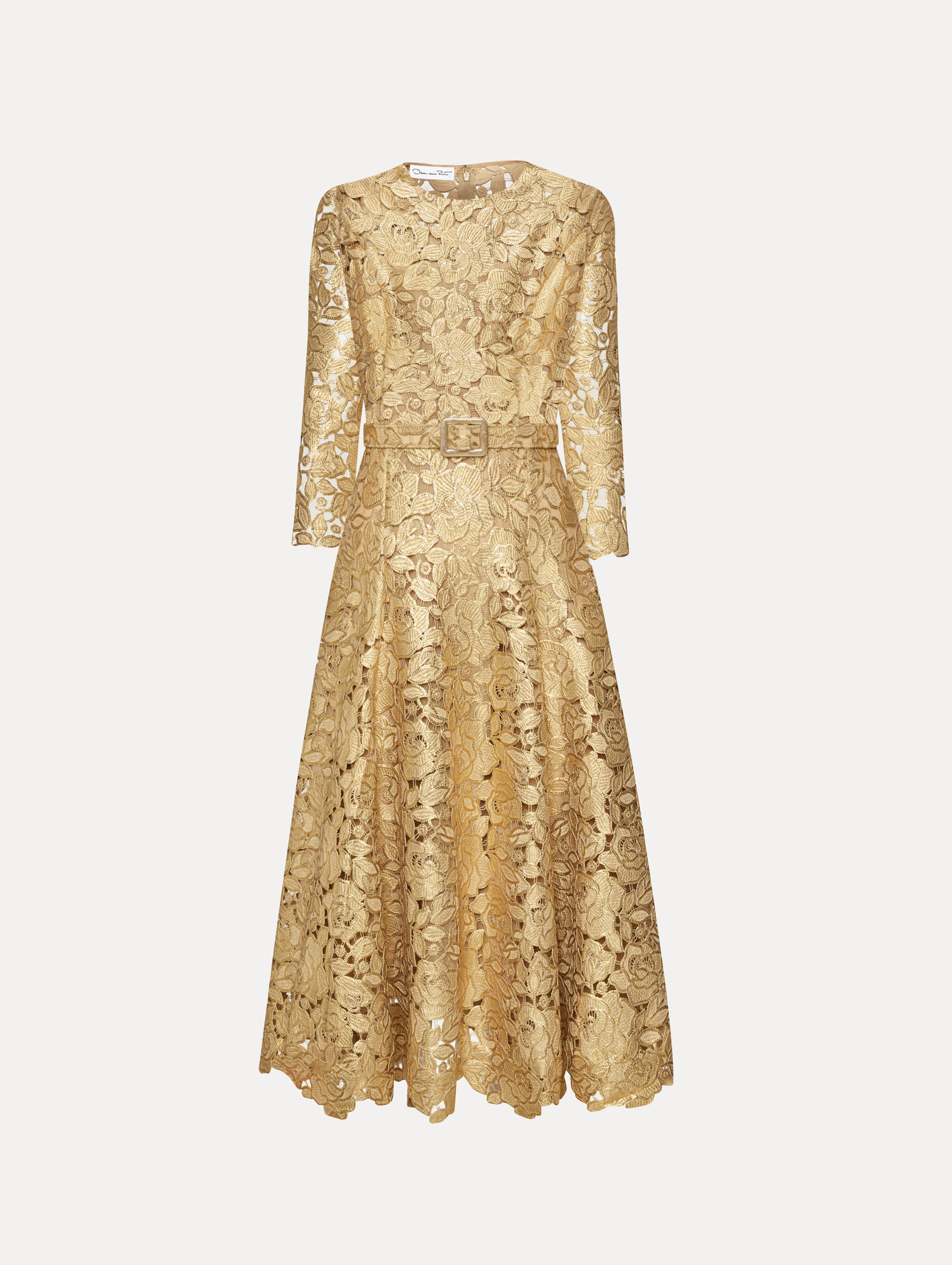 Gold Foil Rose Guipure Dress Front View