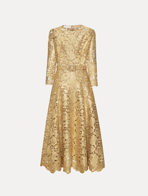 Gold Foil Rose Guipure Dress Front View