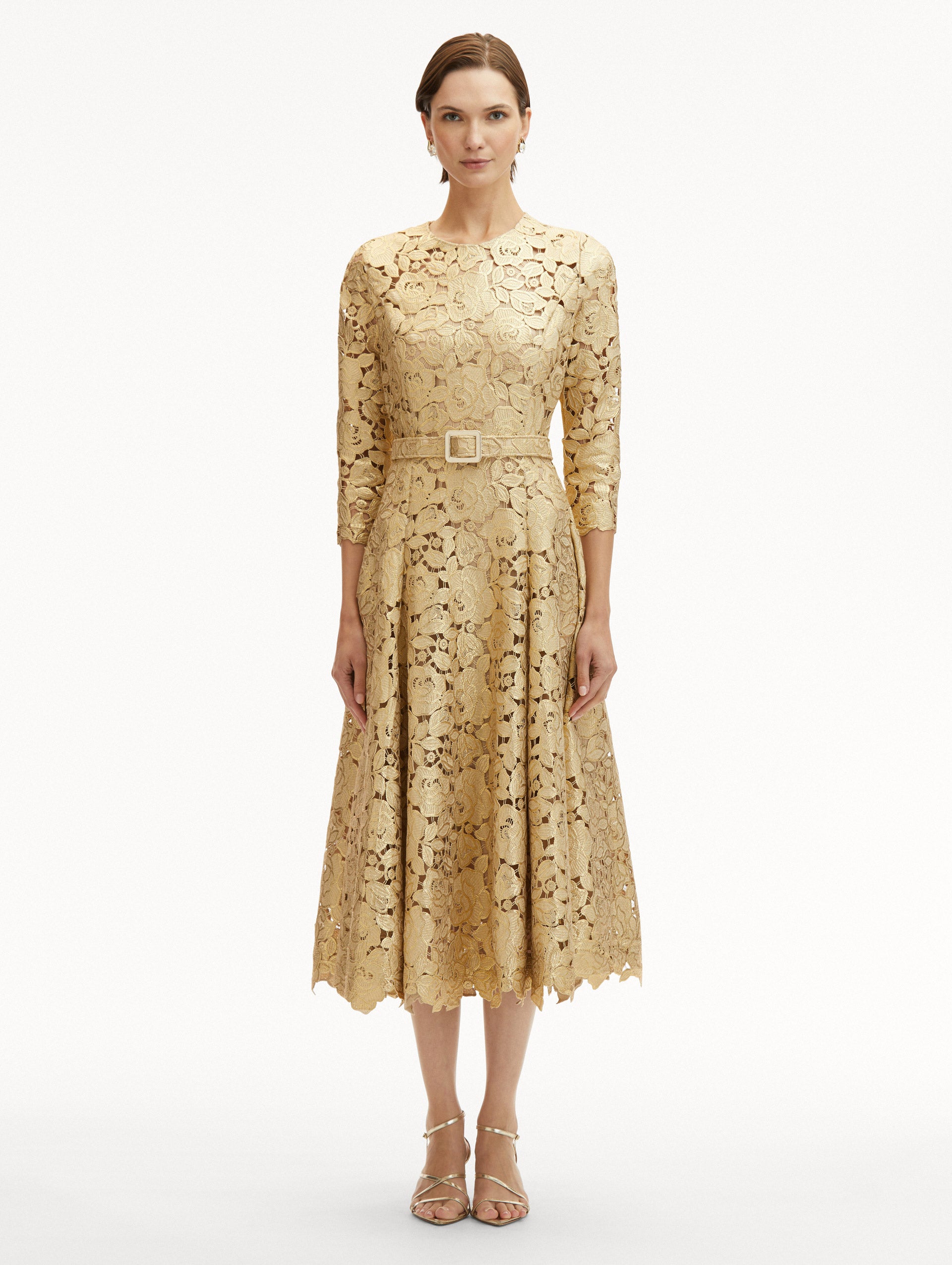 Gold Foil Rose Guipure Dress Front View