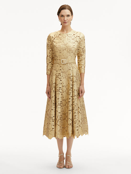 Gold Foil Rose Guipure Dress Front View