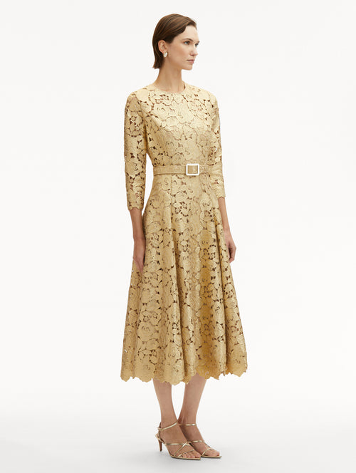 Gold Foil Rose Guipure Dress Side View