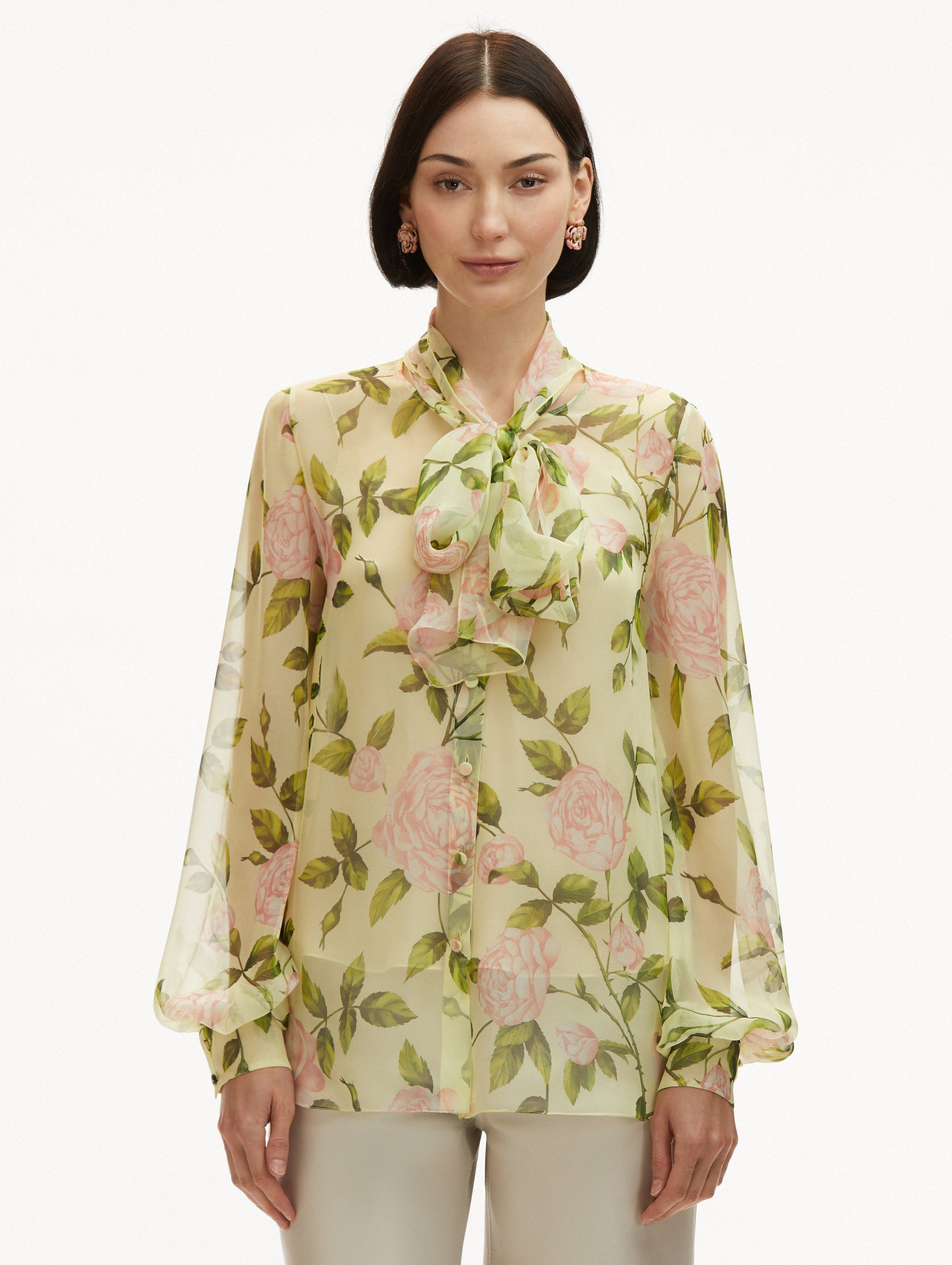 English Rose Silk Chiffon Blouse Front View