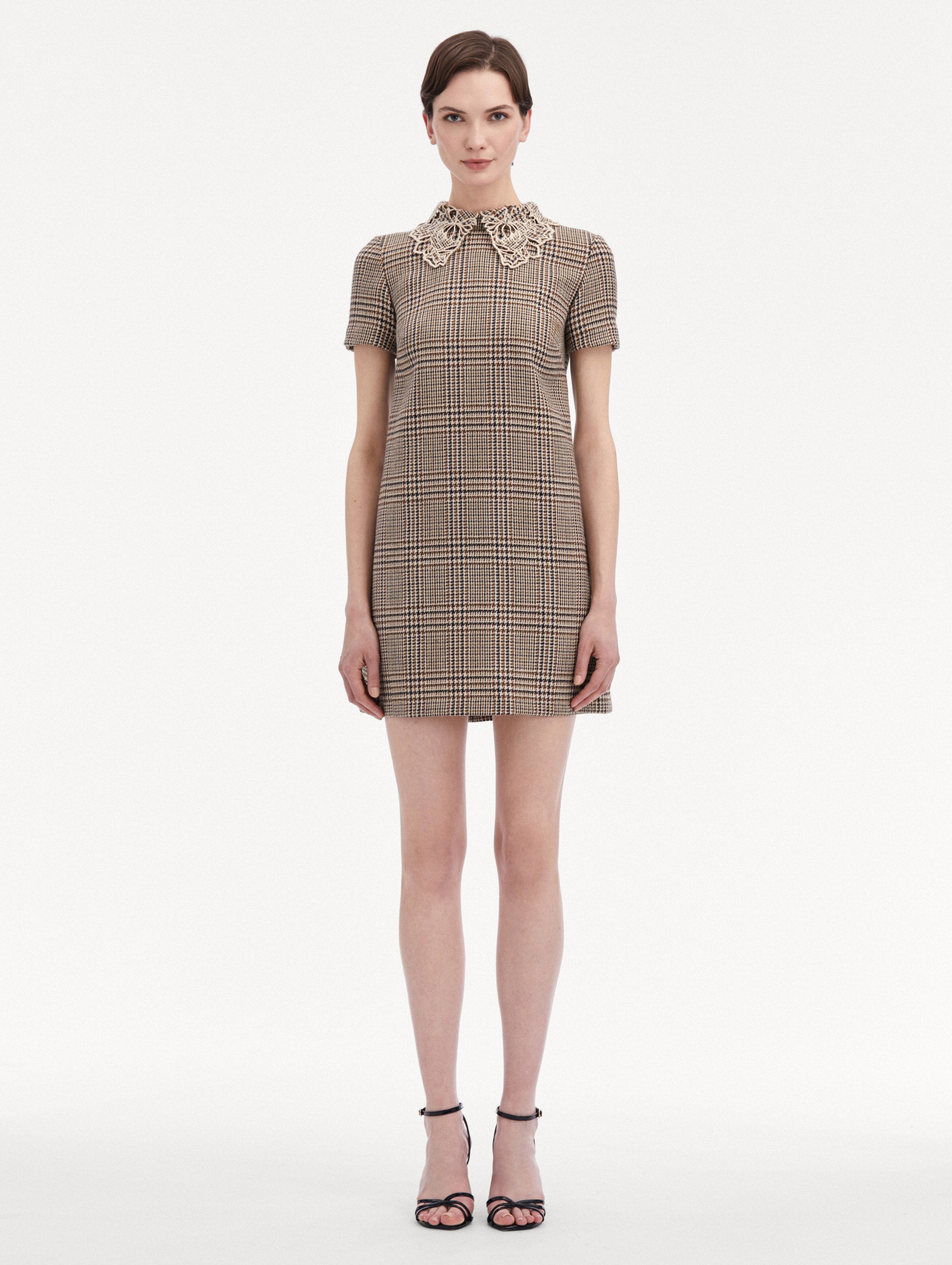 Peony Guipure Collar Plaid Shift Dress Front View